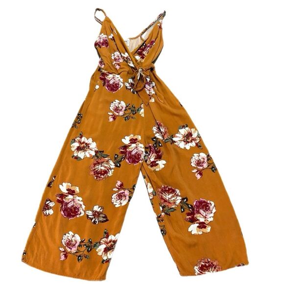 Lone Lux Bohemian Jumpsuit Carmel Tan Pink Floral Spaghetti Strap Faux Wrap Crop - Picture 1 of 10